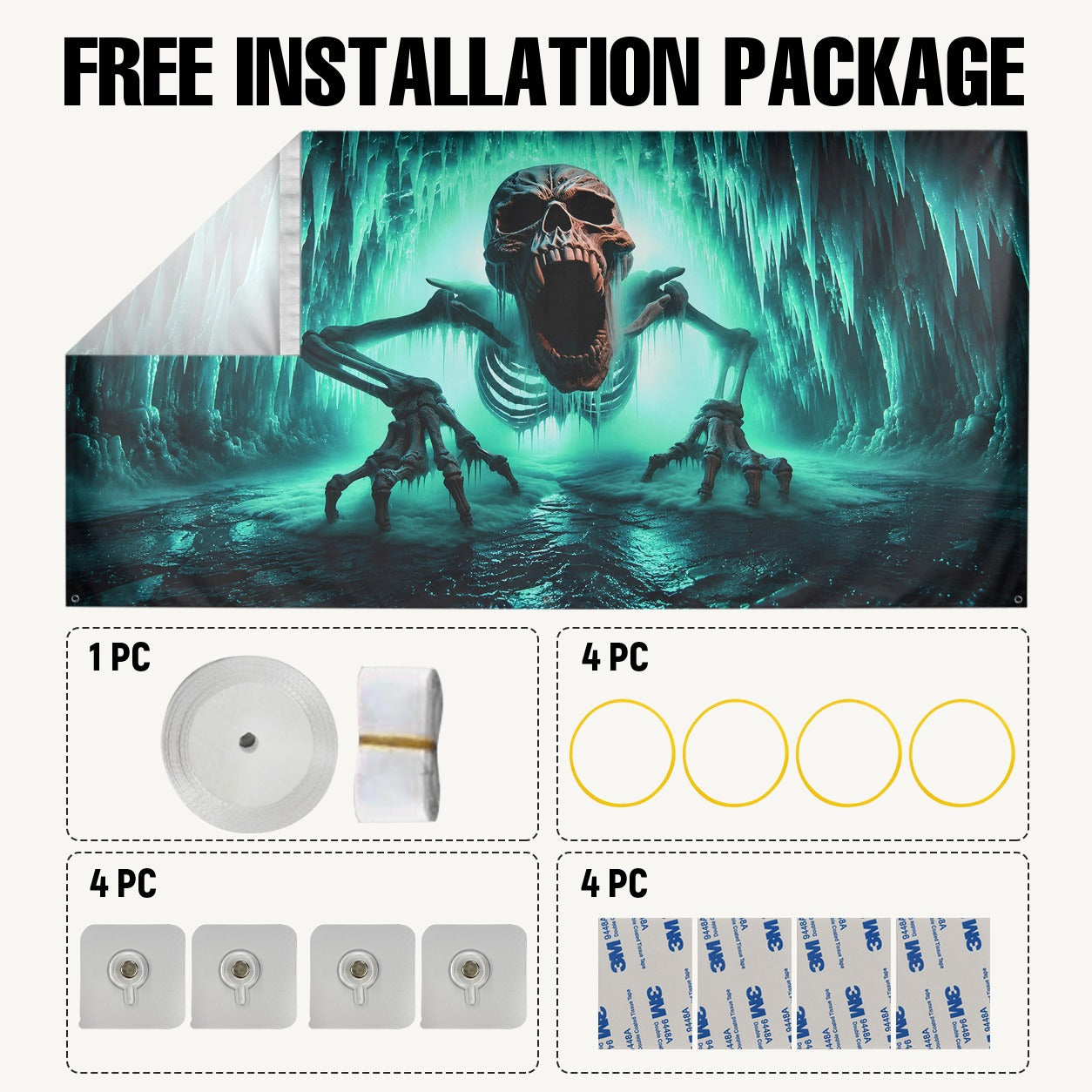 Ice Cave Skeleton & Scary Skull | Halloween Garage Door Banner Cover
