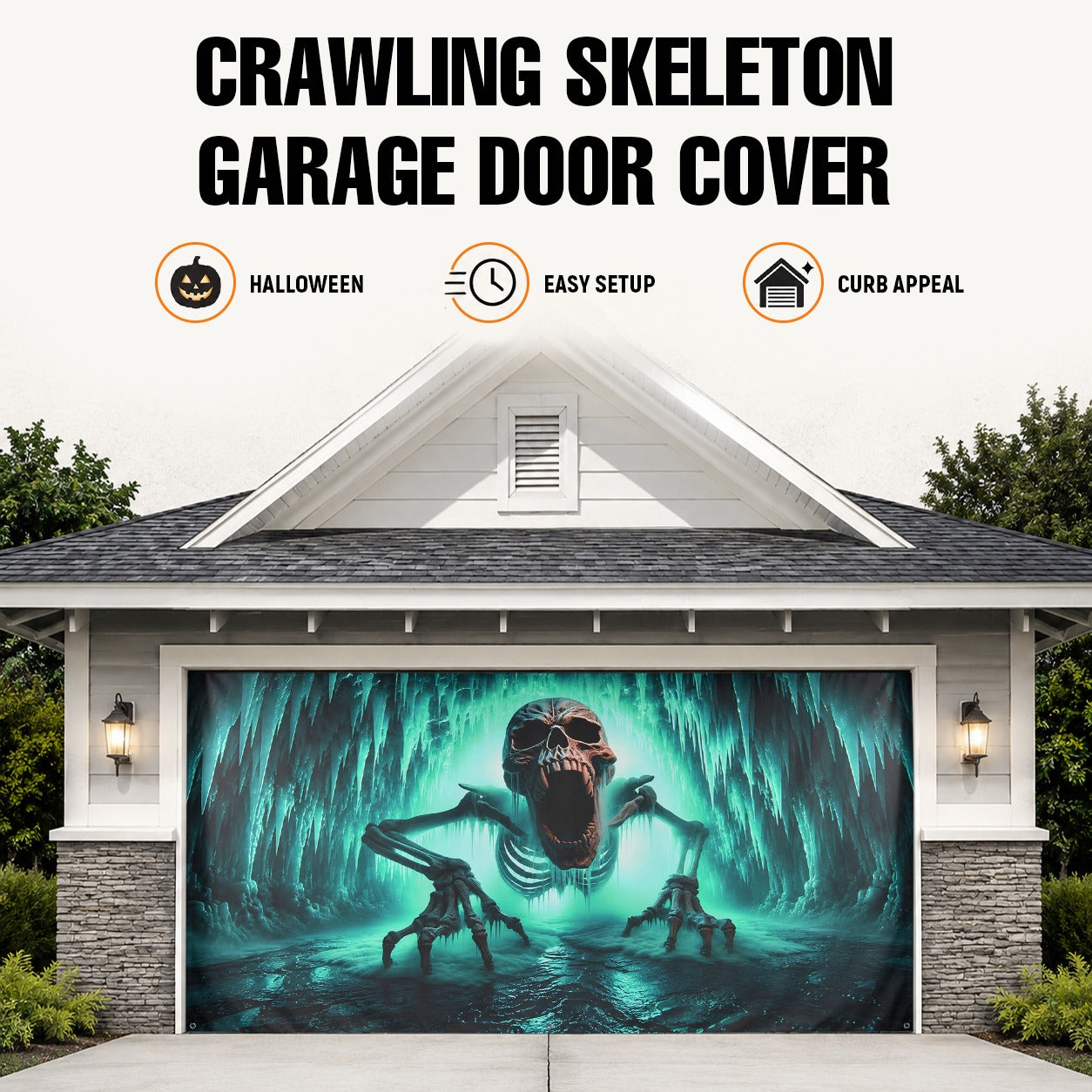 Ice Cave Skeleton & Scary Skull | Halloween Garage Door Banner Cover