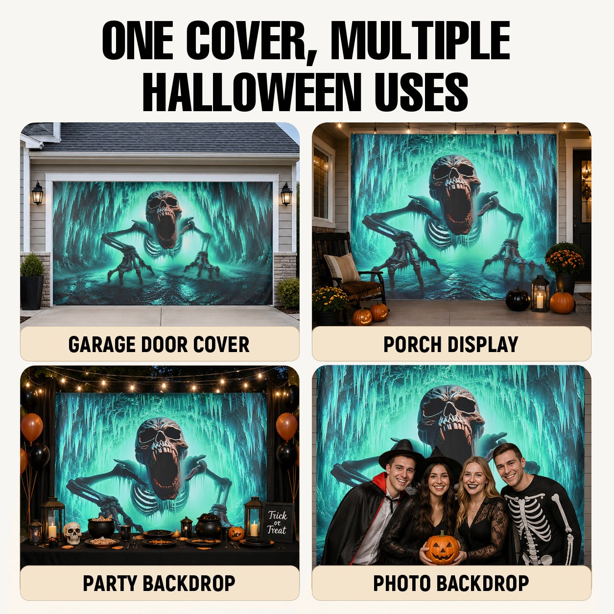 Ice Cave Skeleton & Scary Skull | Halloween Garage Door Banner Cover