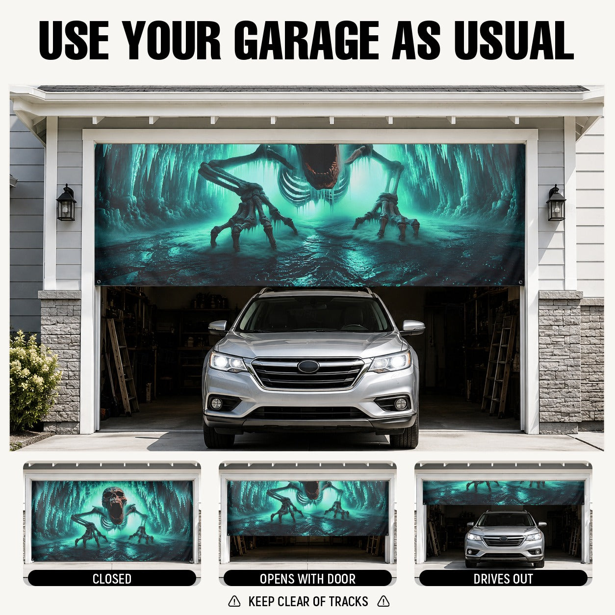 Ice Cave Skeleton & Scary Skull | Halloween Garage Door Banner Cover