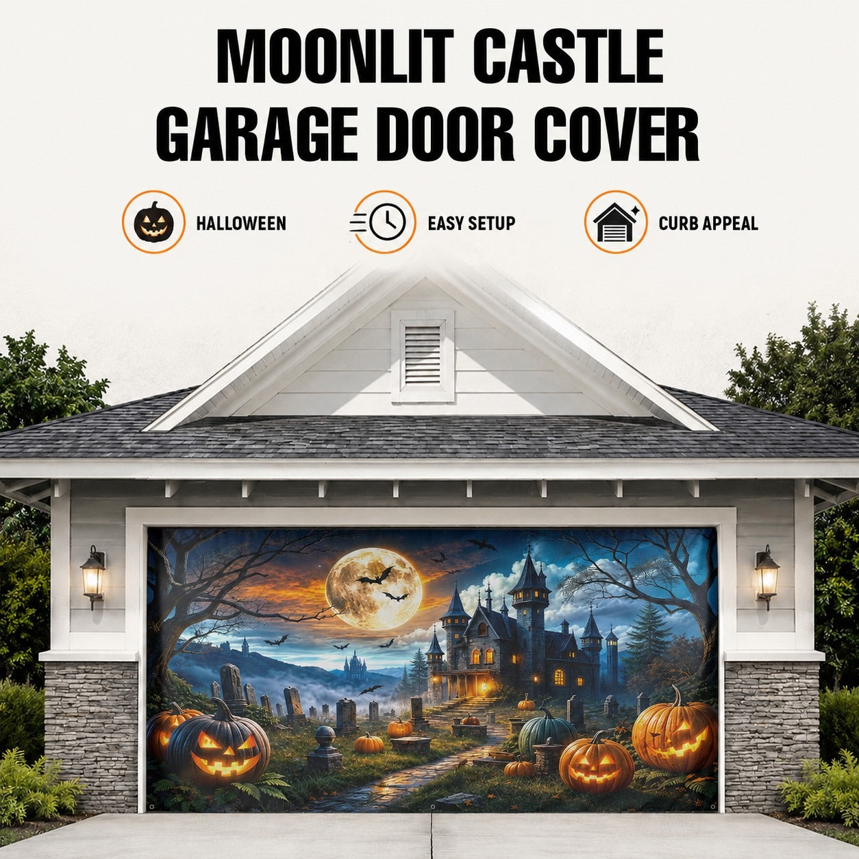 Haunted House & Pumpkin Night Sky | Halloween Garage Door Banner Cover