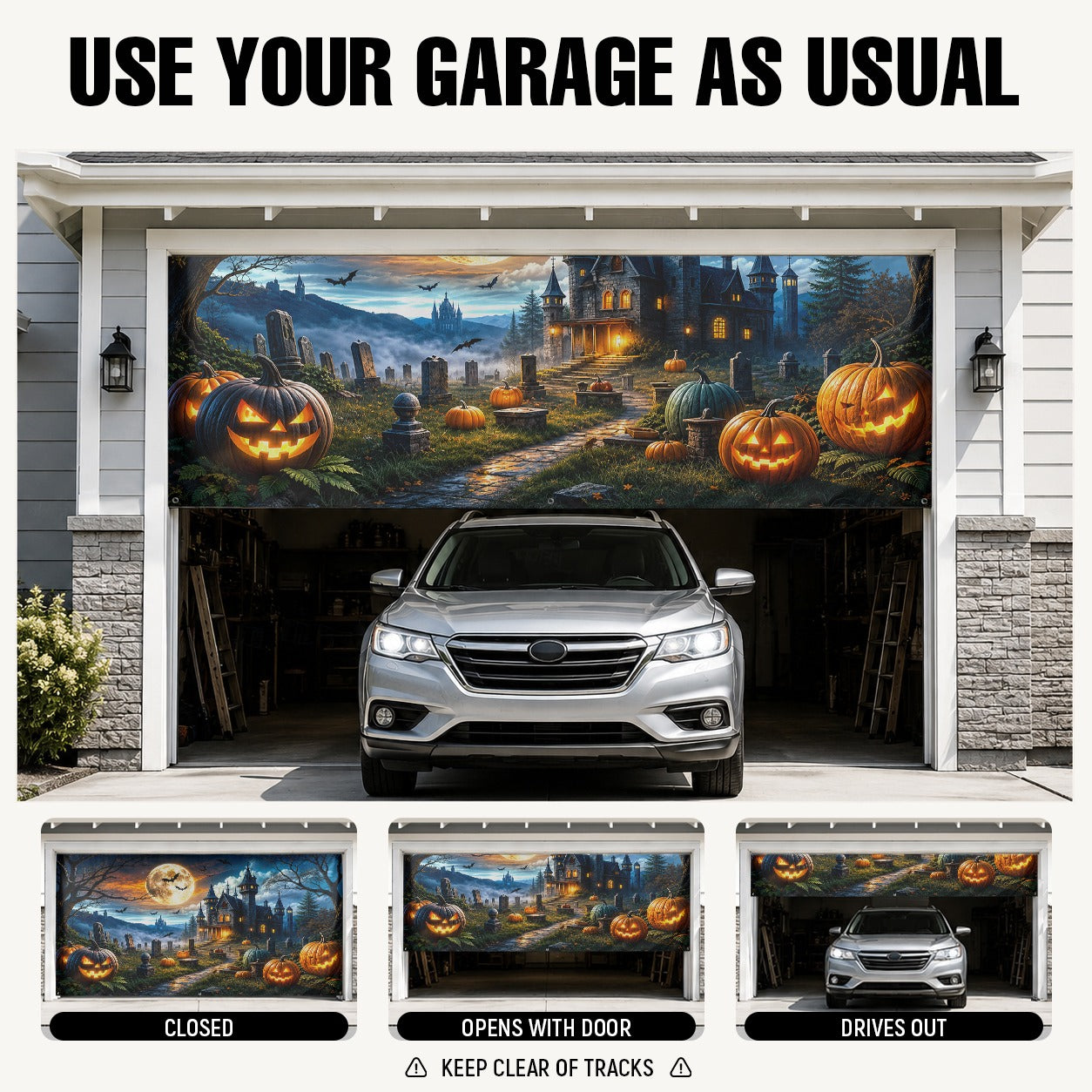 Haunted House & Pumpkin Night Sky | Halloween Garage Door Banner Cover