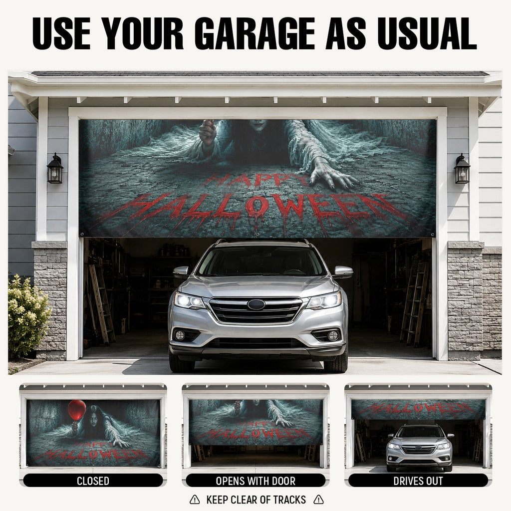 Creepy Girl & Red Balloon Horror | Halloween Garage Door Banner Cover