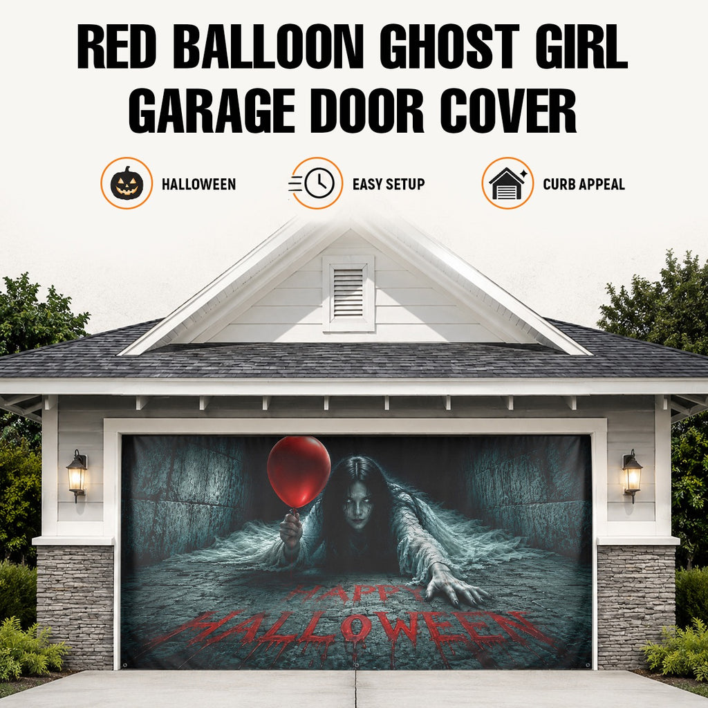 Creepy Girl & Red Balloon Horror | Halloween Garage Door Banner Cover
