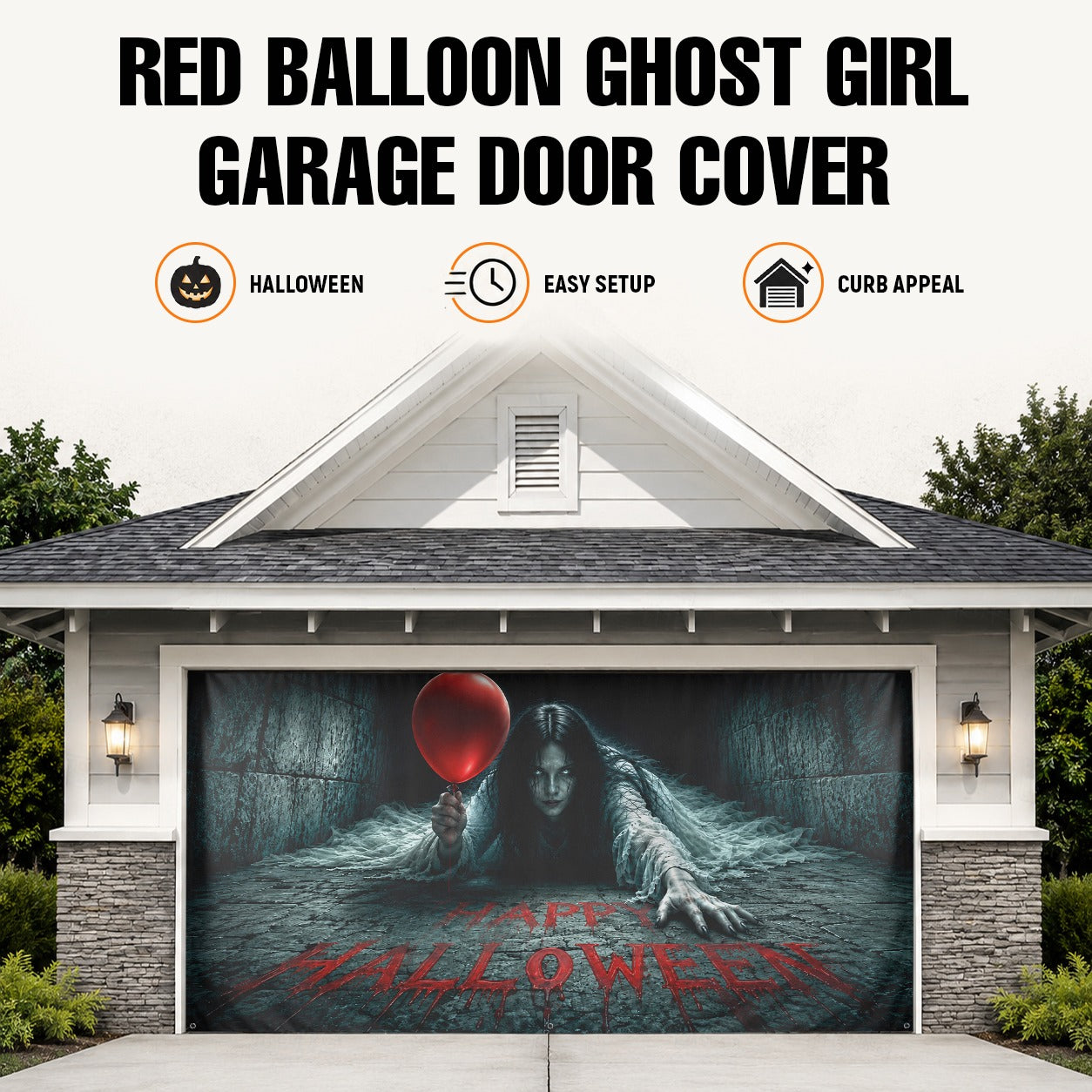 Creepy Girl & Red Balloon Horror | Halloween Garage Door Banner Cover