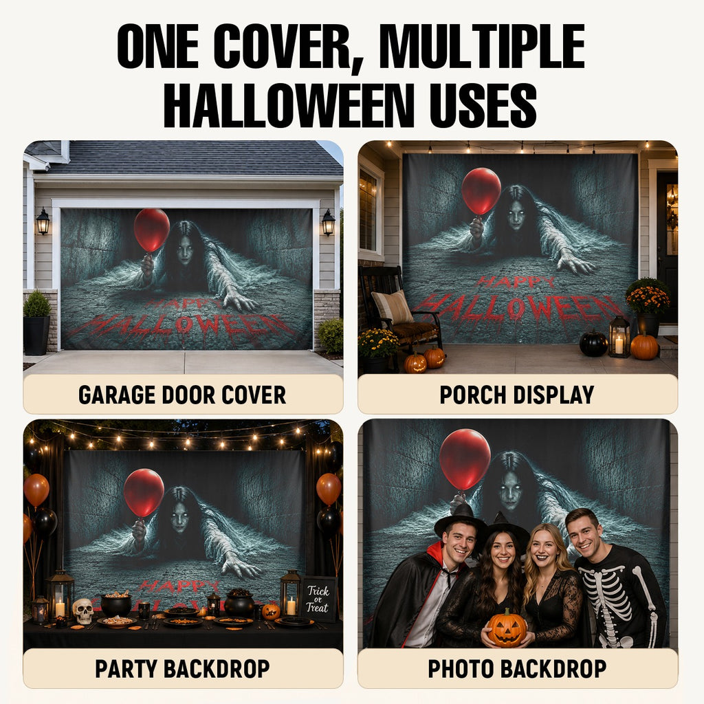 Creepy Girl & Red Balloon Horror | Halloween Garage Door Banner Cover
