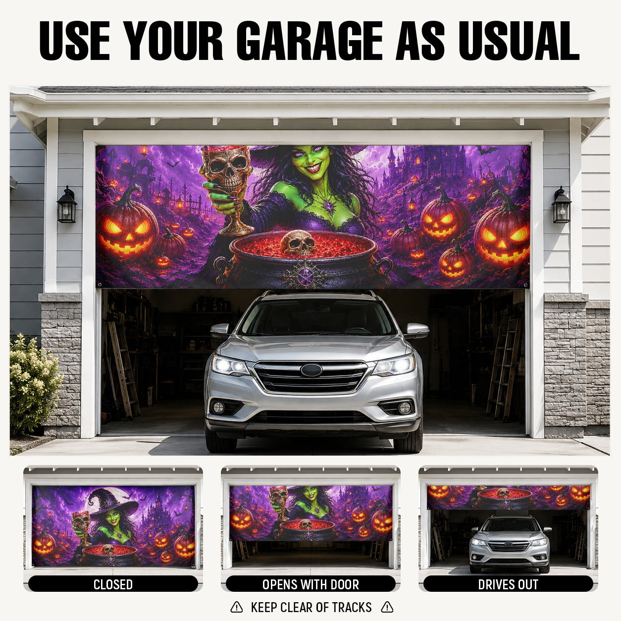 Fluorescent Witch with Pumpkin & Cauldron | Halloween Garage Door Banner Cover
