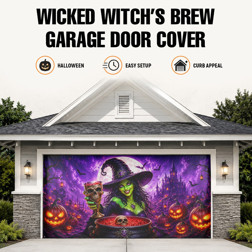 Fluorescent Witch with Pumpkin & Cauldron | Halloween Garage Door Banner Cover