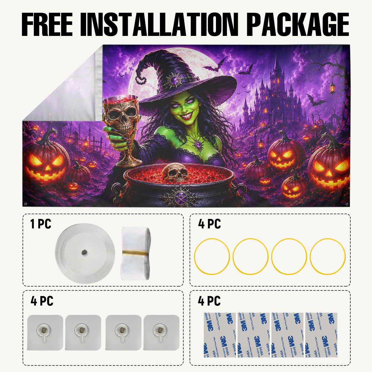 Fluorescent Witch with Pumpkin & Cauldron | Halloween Garage Door Banner Cover