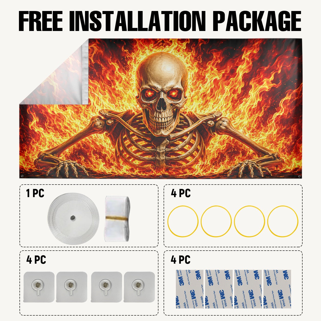 Flaming Skeleton & Fire Skull | Halloween Garage Door Banner Cover
