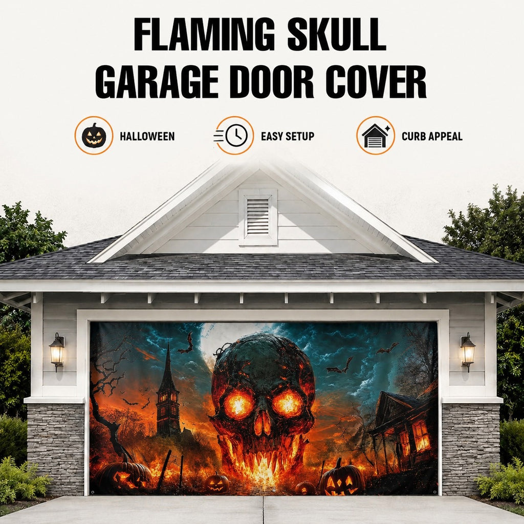 Flaming Skull & Fire Scary | Halloween Garage Door Banner Cover