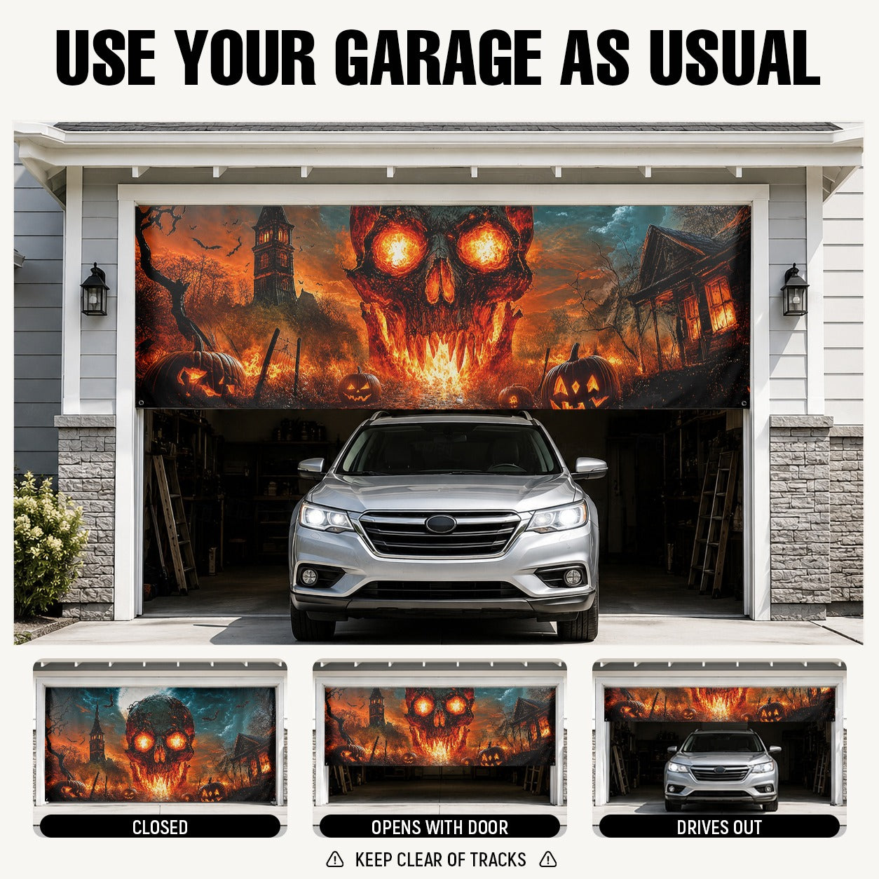 Flaming Skull & Fire Scary | Halloween Garage Door Banner Cover