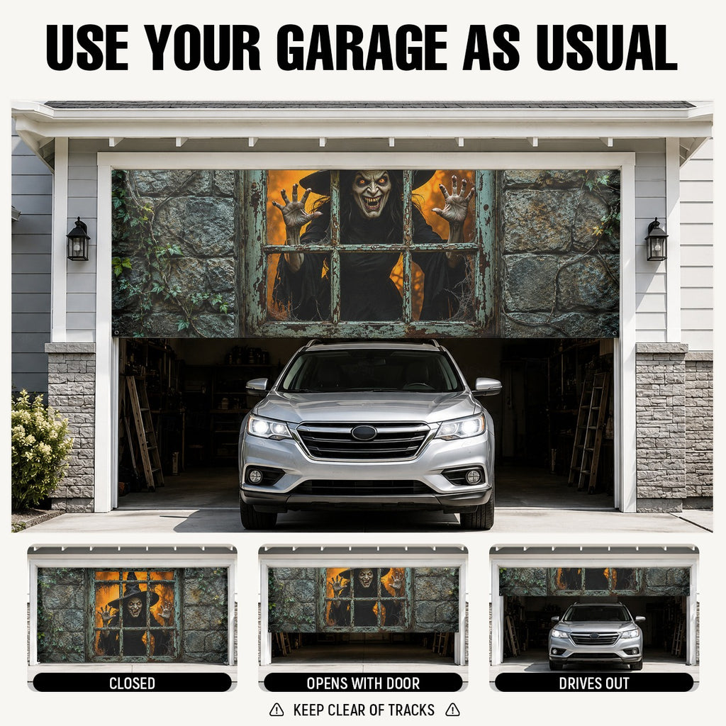 Witch Haunted Window & Eerie Spirit | Halloween Garage Door Banner Cover