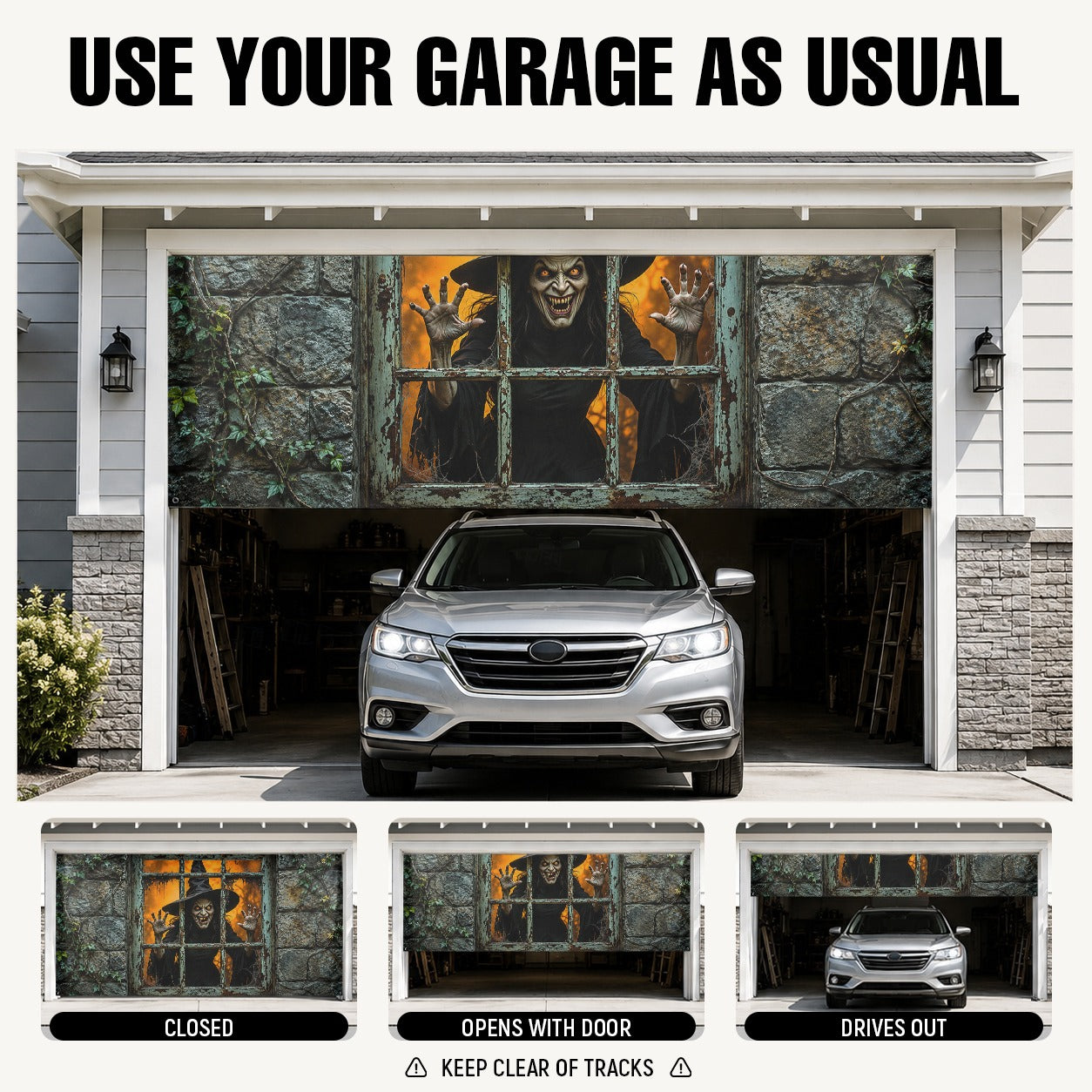 Witch Haunted Window & Eerie Spirit | Halloween Garage Door Banner Cover