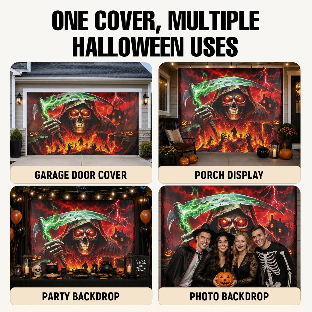 Grim Reaper Skull & Red Eyes | Halloween Garage Door Banner Cover