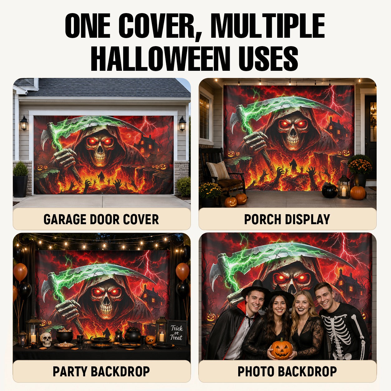 Grim Reaper Skull & Red Eyes | Halloween Garage Door Banner Cover