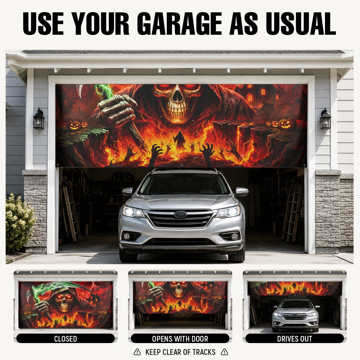 Grim Reaper Skull & Red Eyes | Halloween Garage Door Banner Cover