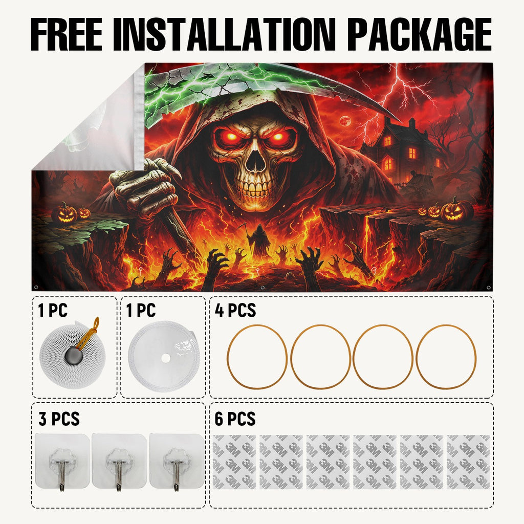 Grim Reaper Skull & Red Eyes | Halloween Garage Door Banner Cover