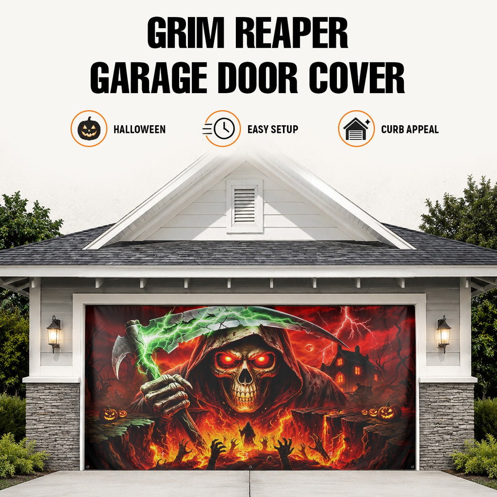 Grim Reaper Skull & Red Eyes | Halloween Garage Door Banner Cover