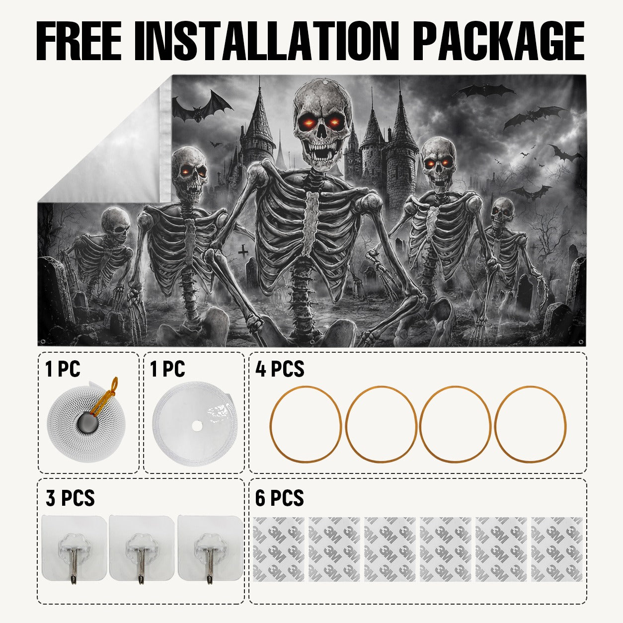 Flaming Skull & Burning Fire Skeleton | Halloween Garage Door Banner Cover