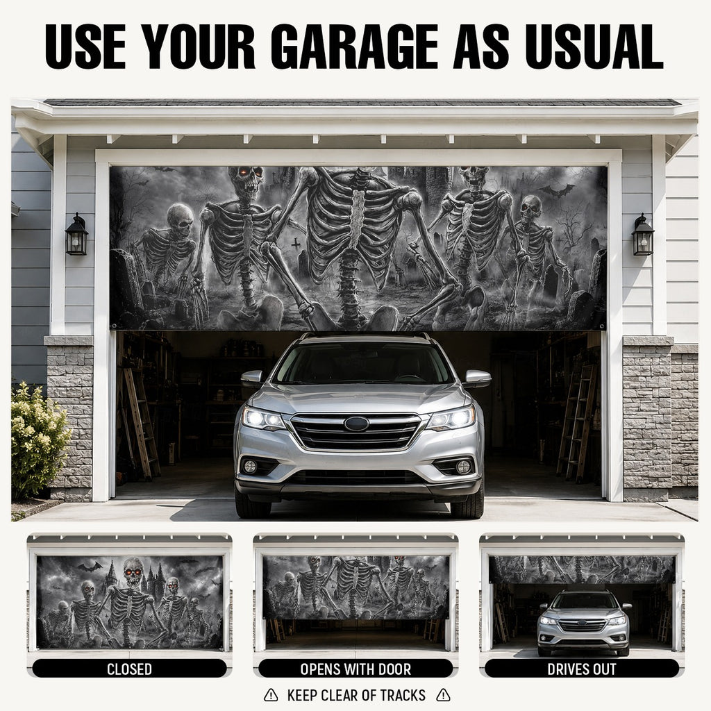 Flaming Skull & Burning Fire Skeleton | Halloween Garage Door Banner Cover