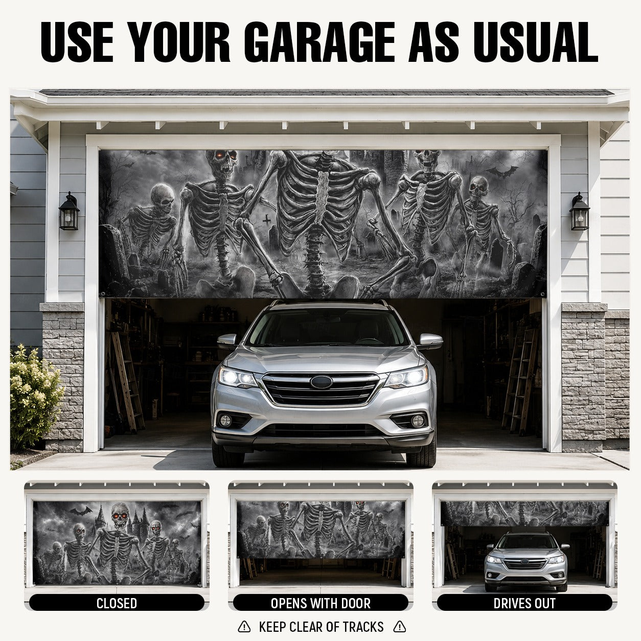 Flaming Skull & Burning Fire Skeleton | Halloween Garage Door Banner Cover