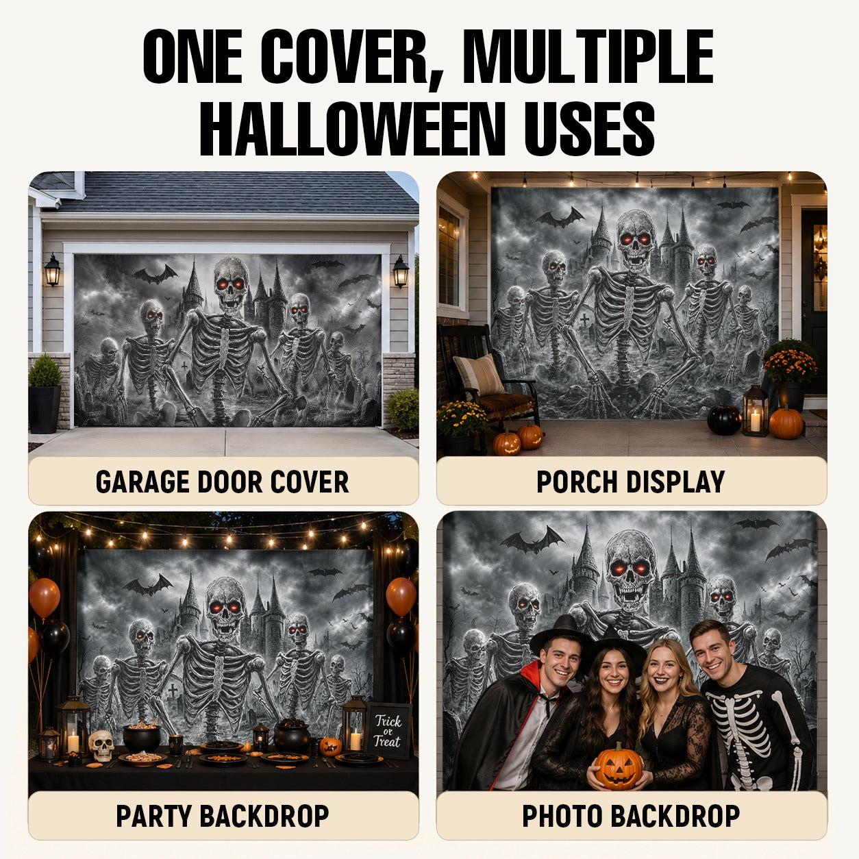 Flaming Skull & Burning Fire Skeleton | Halloween Garage Door Banner Cover