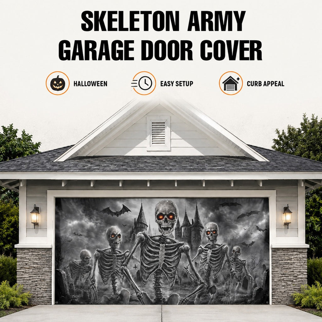 Flaming Skull & Burning Fire Skeleton | Halloween Garage Door Banner Cover
