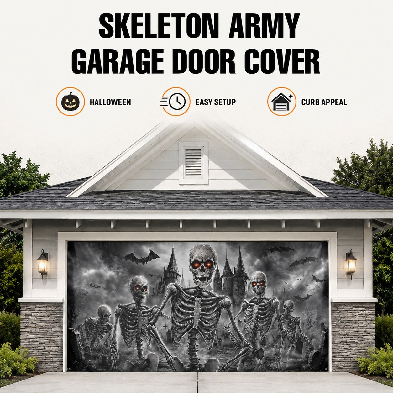 Flaming Skull & Burning Fire Skeleton | Halloween Garage Door Banner Cover