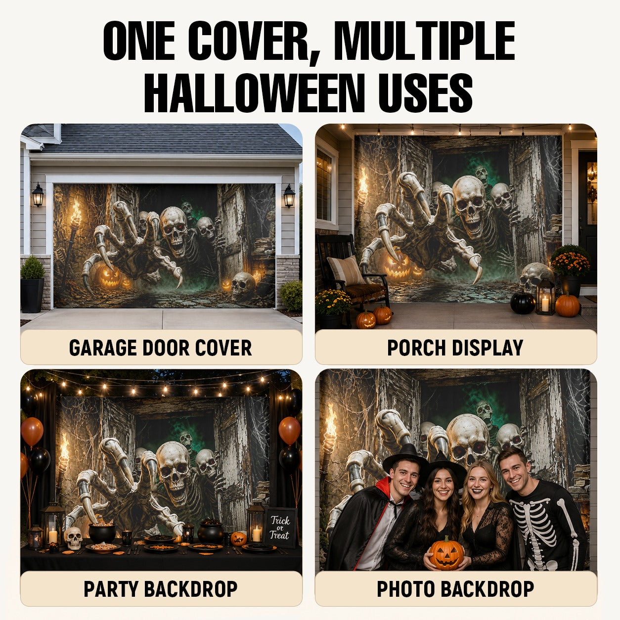 Flaming Skeleton & Fire Skull | Halloween Garage Door Banner Cover
