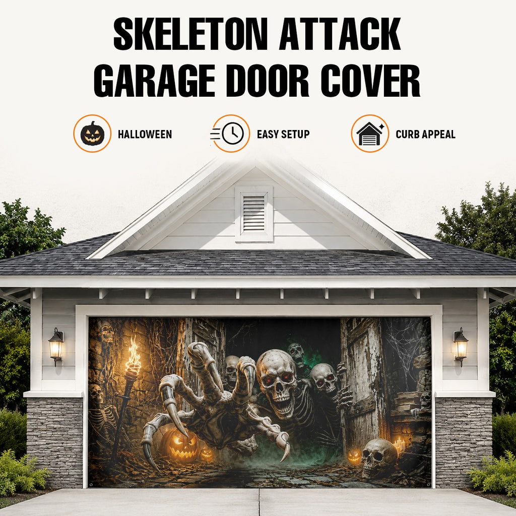 Flaming Skeleton & Fire Skull | Halloween Garage Door Banner Cover