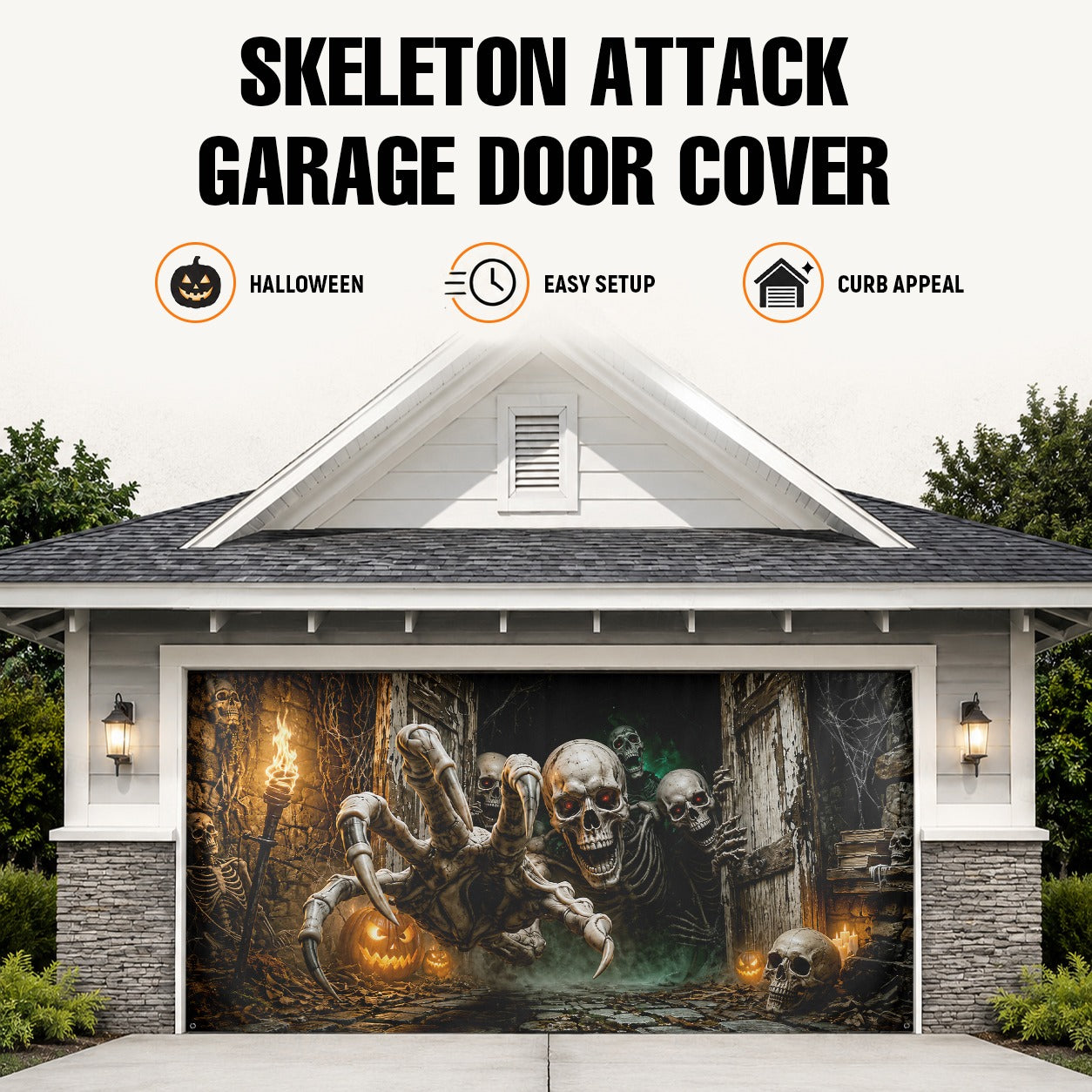 Flaming Skeleton & Fire Skull | Halloween Garage Door Banner Cover