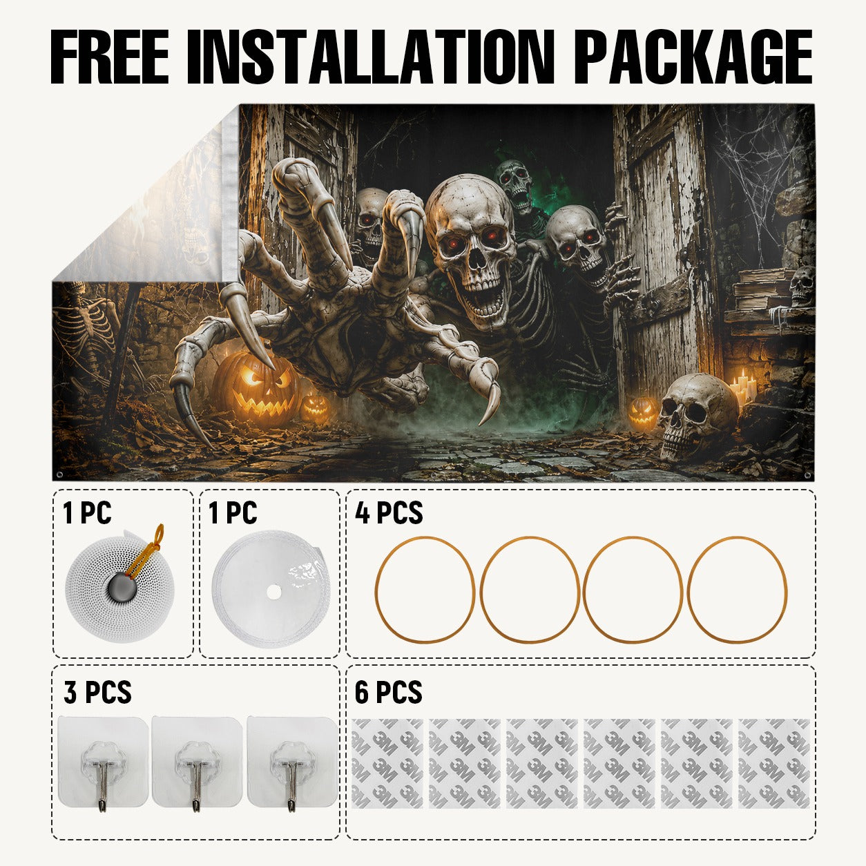 Flaming Skeleton & Fire Skull | Halloween Garage Door Banner Cover