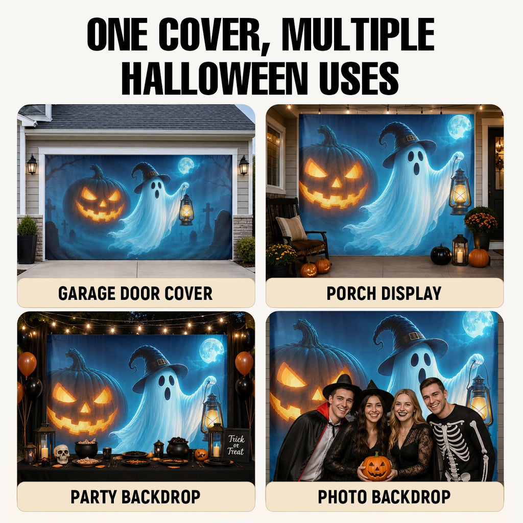 Ghost with Witch Hat & Jack-O'-Lantern Pumpkin | Halloween Garage Door Banner Cover