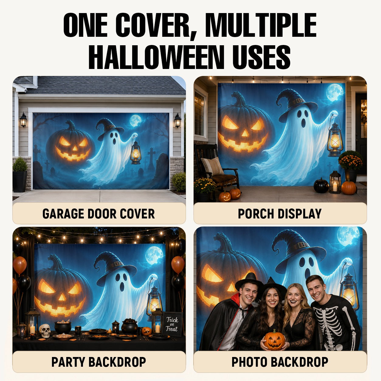 Ghost with Witch Hat & Jack-O'-Lantern Pumpkin | Halloween Garage Door Banner Cover