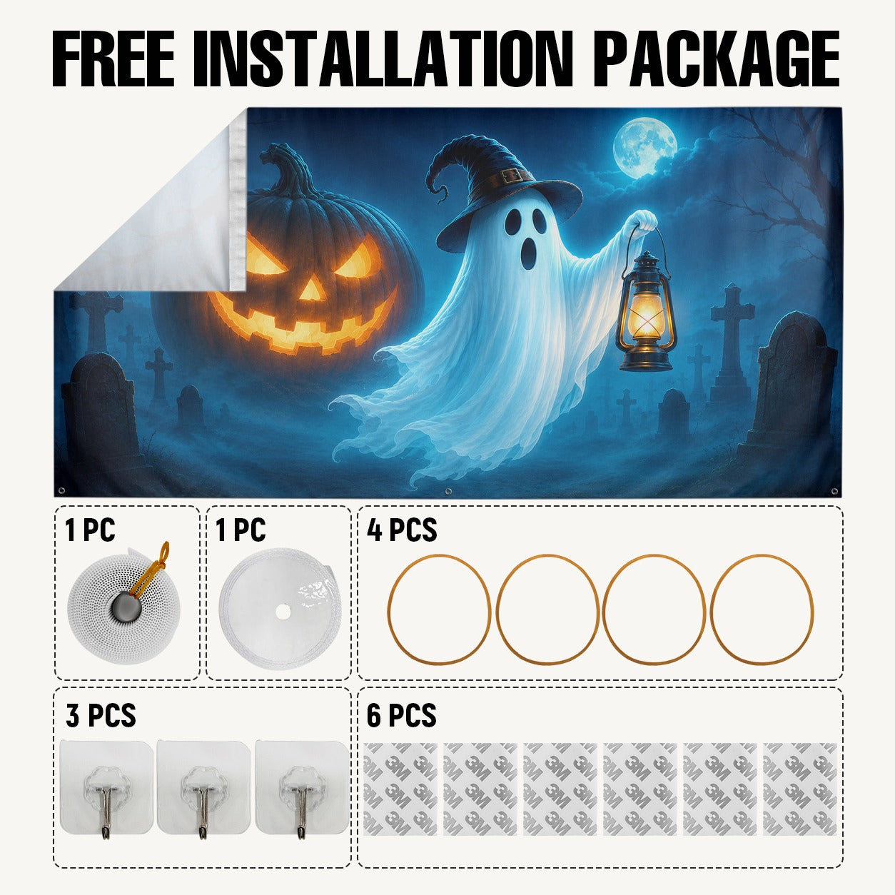 Ghost with Witch Hat & Jack-O'-Lantern Pumpkin | Halloween Garage Door Banner Cover