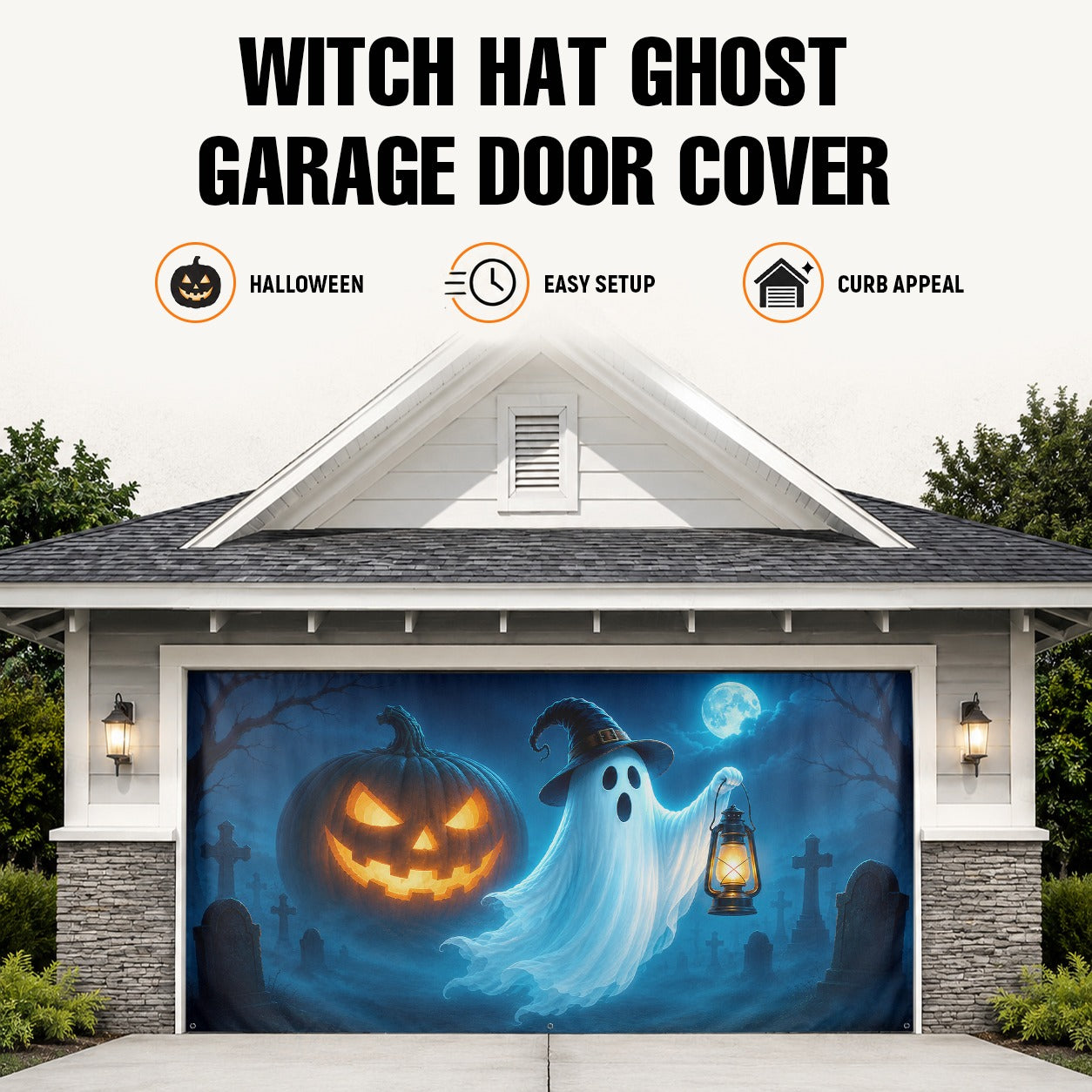 Ghost with Witch Hat & Jack-O'-Lantern Pumpkin | Halloween Garage Door Banner Cover