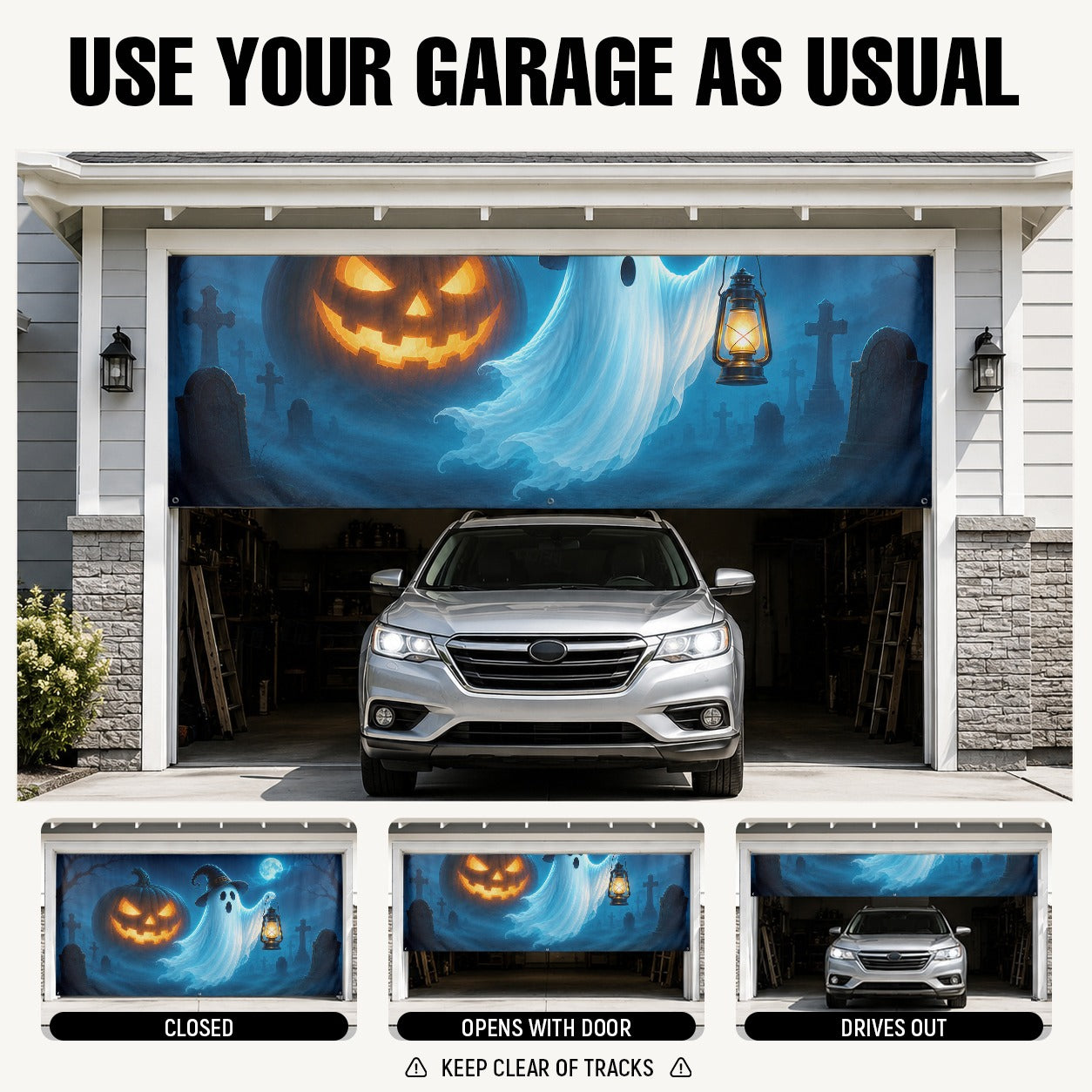 Ghost with Witch Hat & Jack-O'-Lantern Pumpkin | Halloween Garage Door Banner Cover