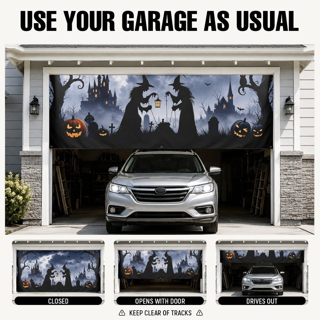 Witch Silhouette & Horror Spirit | Halloween Garage Door Banner Cover
