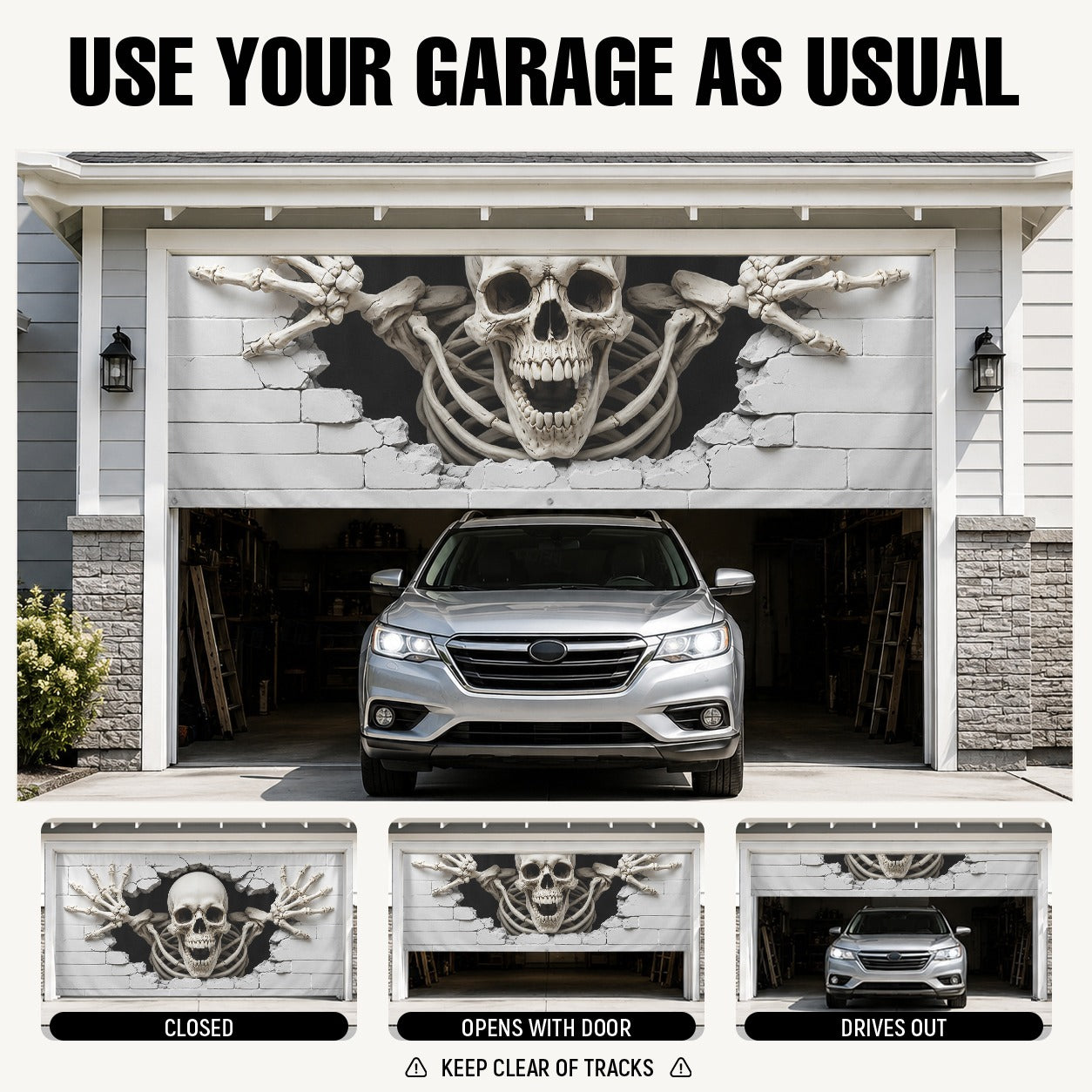 3D Skeleton Breaking Through Wall Illusion | Halloween Garage Door Banner Cover
