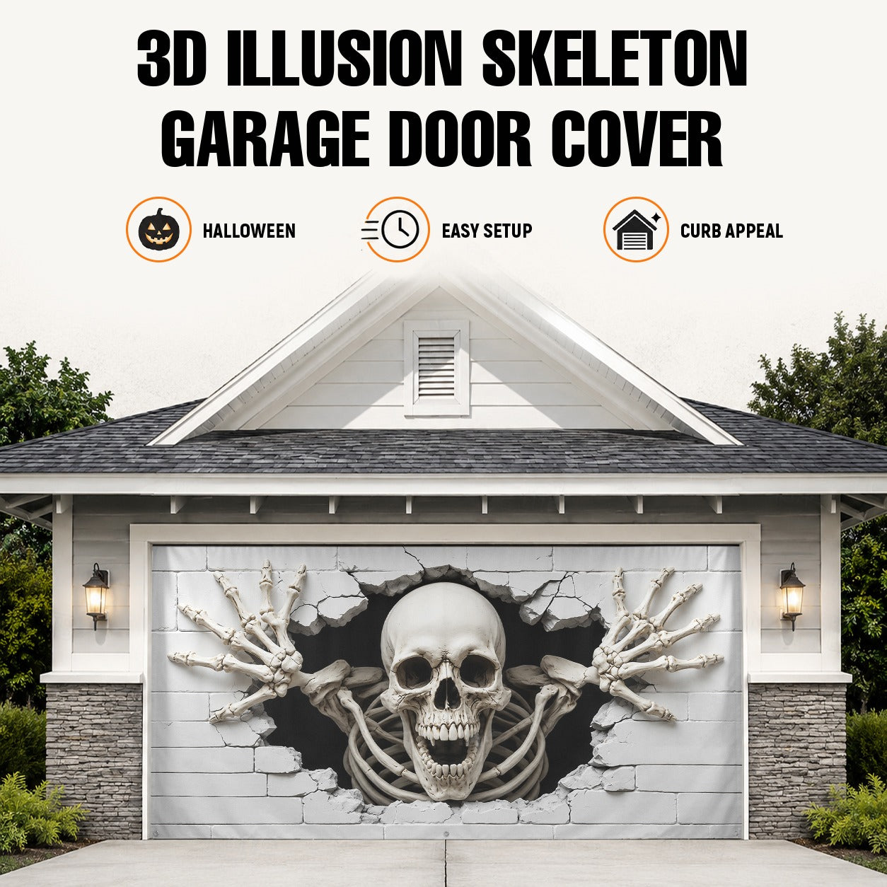 3D Skeleton Breaking Through Wall Illusion | Halloween Garage Door Banner Cover