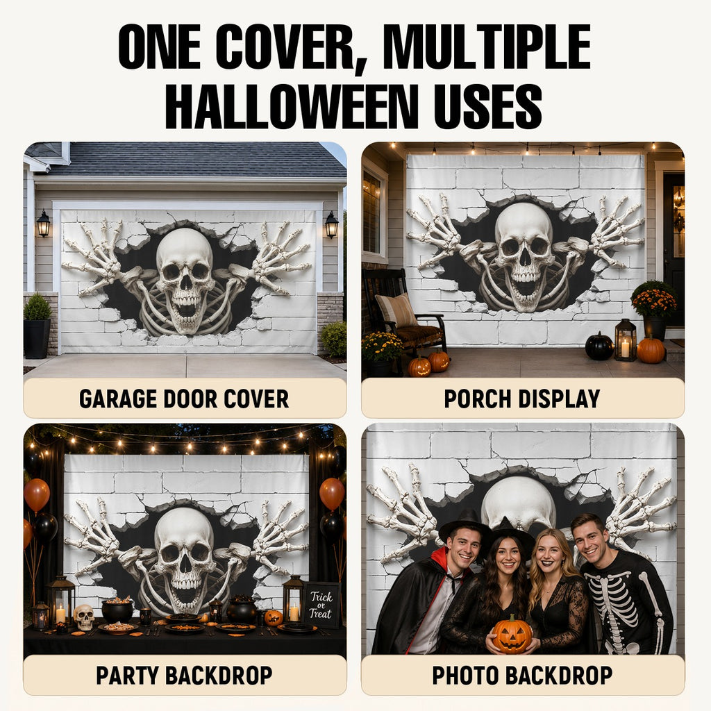 3D Skeleton Breaking Through Wall Illusion | Halloween Garage Door Banner Cover