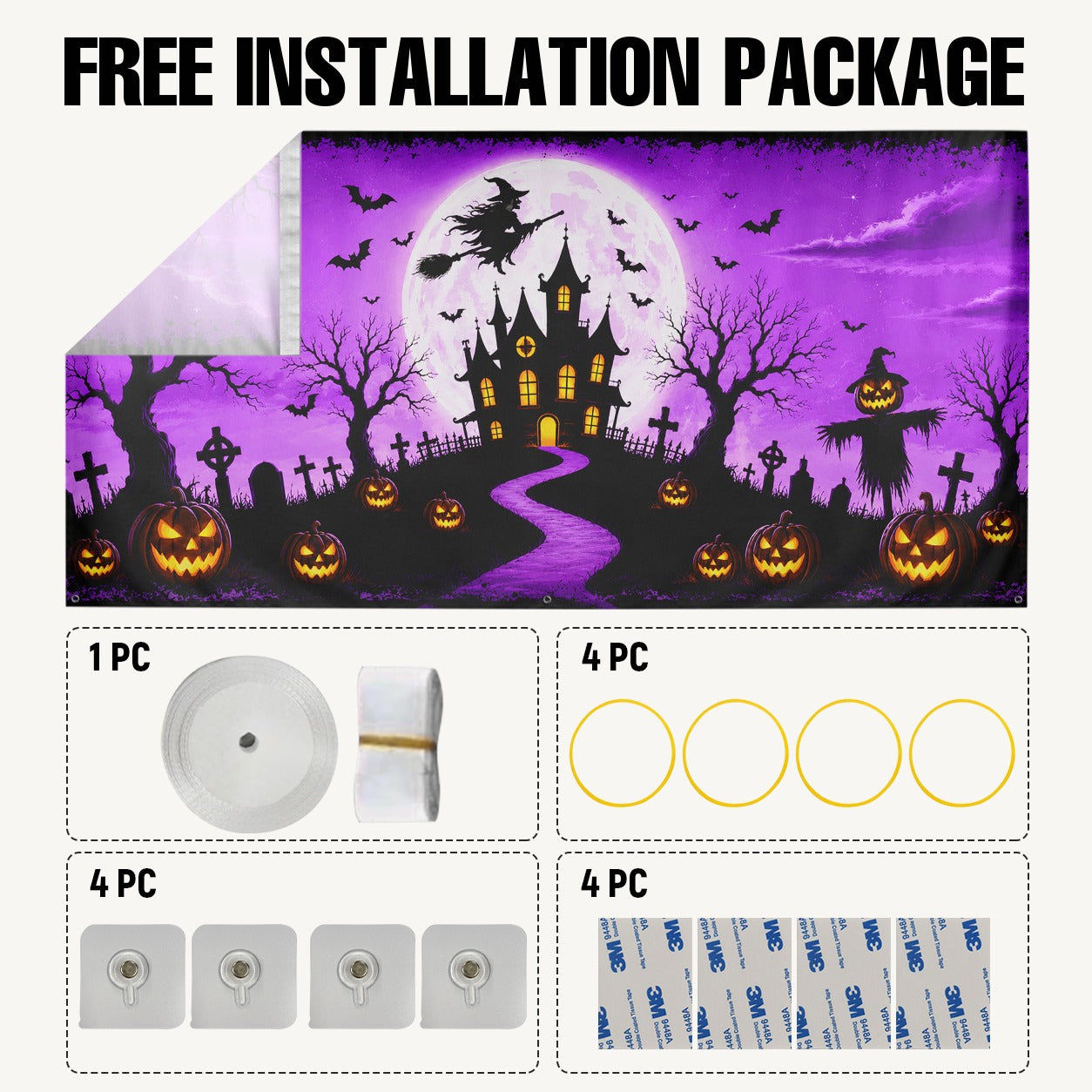 Fluorescent Haunted House & Witch Moon | Halloween Garage Door Banner Cover