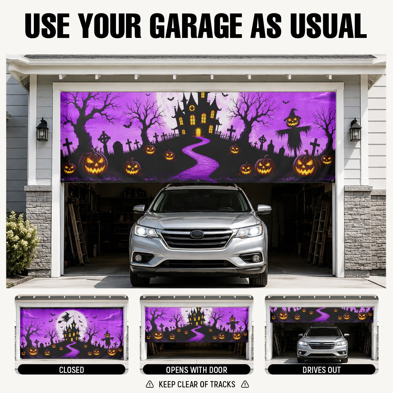 Fluorescent Haunted House & Witch Moon | Halloween Garage Door Banner Cover