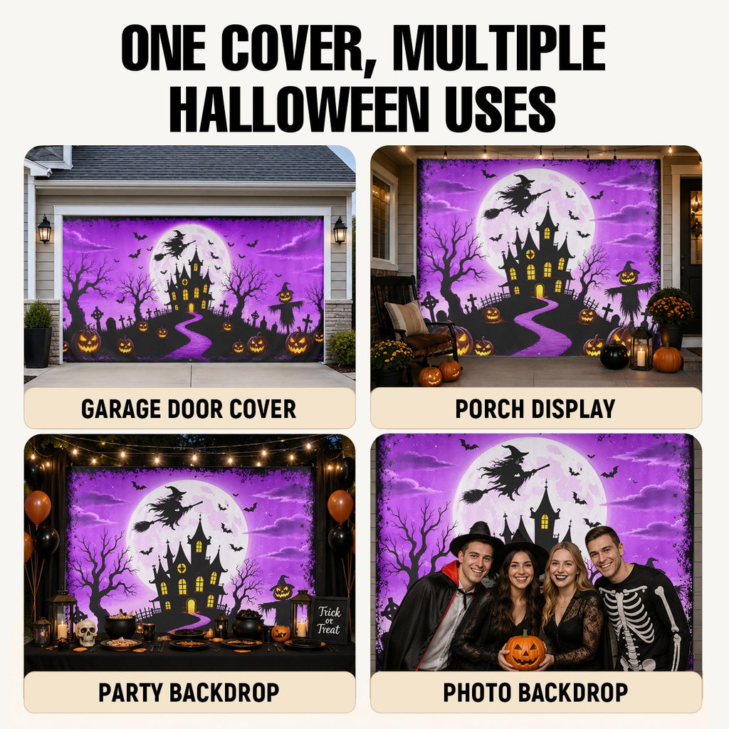Fluorescent Haunted House & Witch Moon | Halloween Garage Door Banner Cover