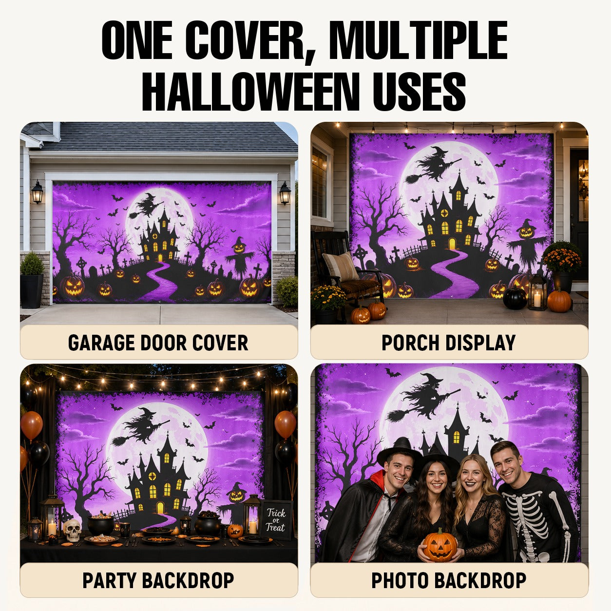 Fluorescent Haunted House & Witch Moon | Halloween Garage Door Banner Cover