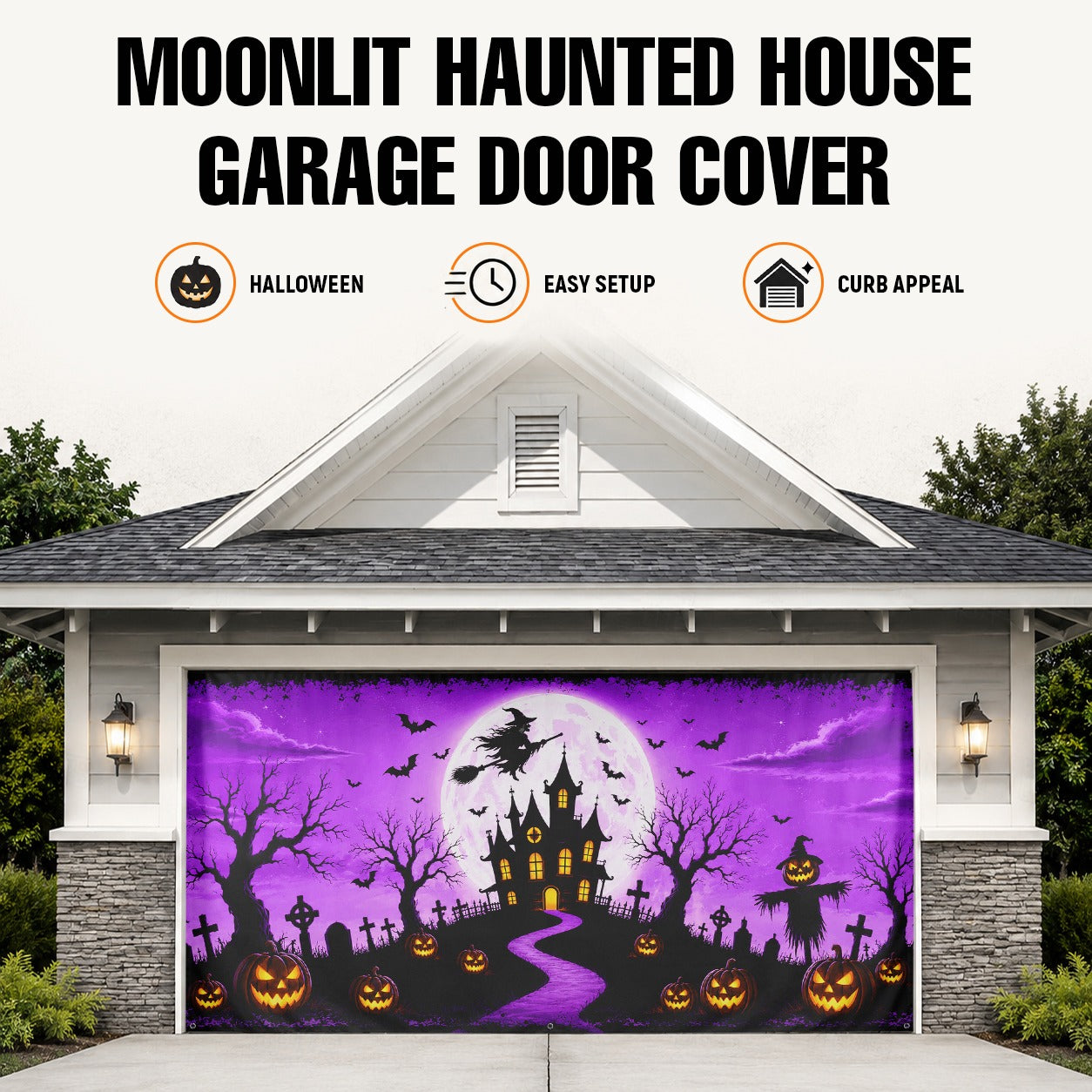 Fluorescent Haunted House & Witch Moon | Halloween Garage Door Banner Cover