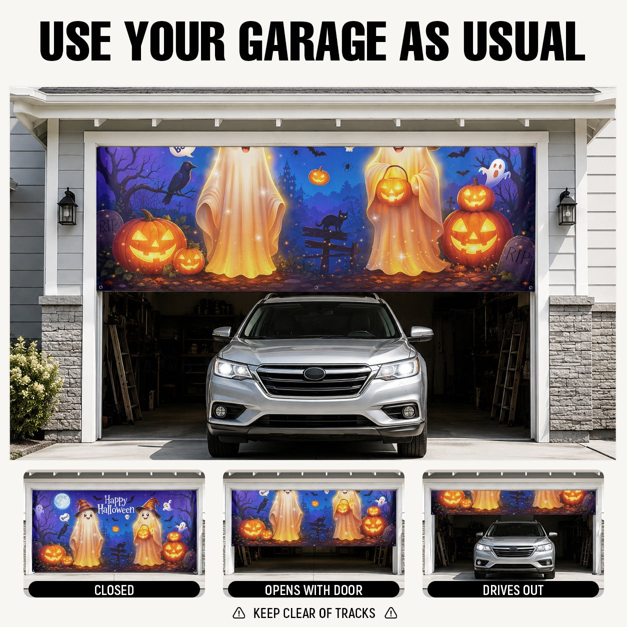 Cute Ghosts & Halloween Forest Campfire | Halloween Garage Door Banner Cover