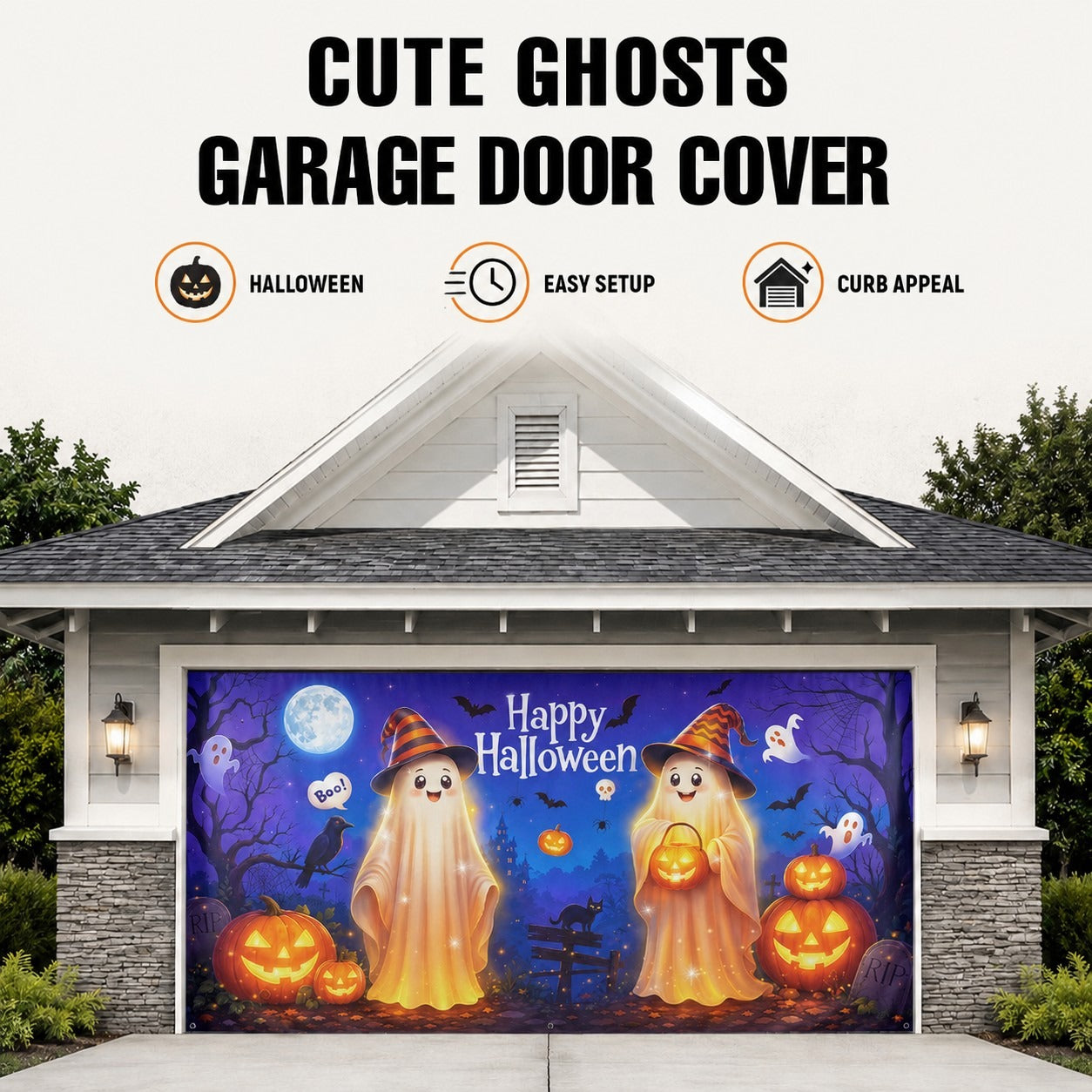 Cute Ghosts & Halloween Forest Campfire | Halloween Garage Door Banner Cover