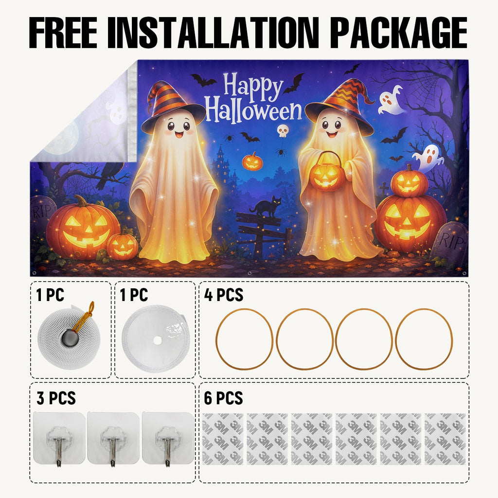 Cute Ghosts & Halloween Forest Campfire | Halloween Garage Door Banner Cover